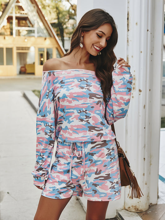 Camouflage Print Off Shoulder Jumpsuit Long Sleeve Women's Clothing