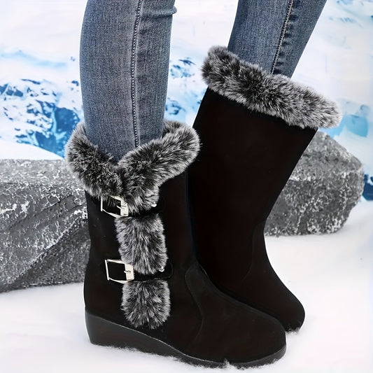 Women's Plush Lined Snow Boots with Buckle Decor