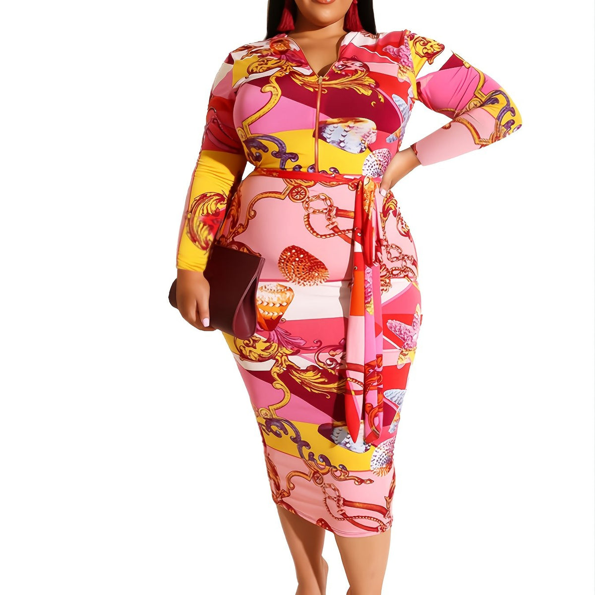 Floral Print Zip Front Long Sleeve Bodycon Dress