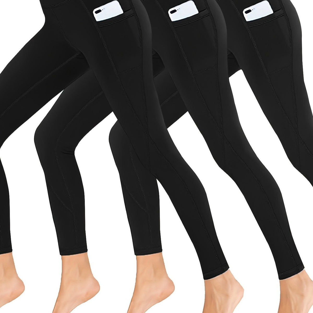 3 Pack Plus Size Sports Leggings Women's Solid Pipping High Rise High Stret