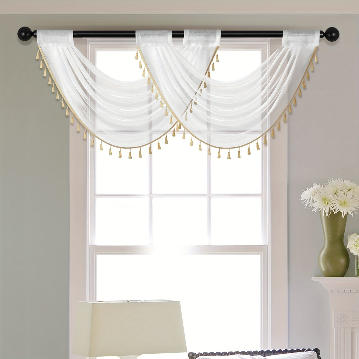 Sheer Wave Curtain Valance w/ Tassels 30x24