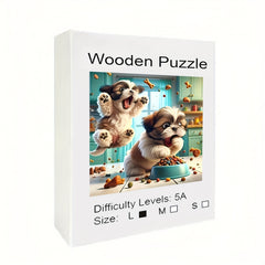 Vibrant Rainbow Wooden Jigsaw Puzzle for Adults - Two Hungry Puppies