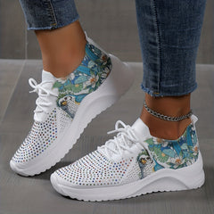 Women's Rhinestone Decor Knit Sports Shoes Lace Up Sneakers