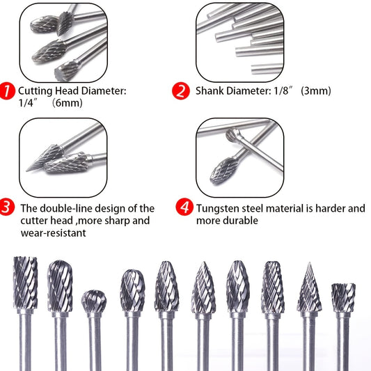 10pcs Tungsten Carbide Burrs Sets Drill Diamond Burs