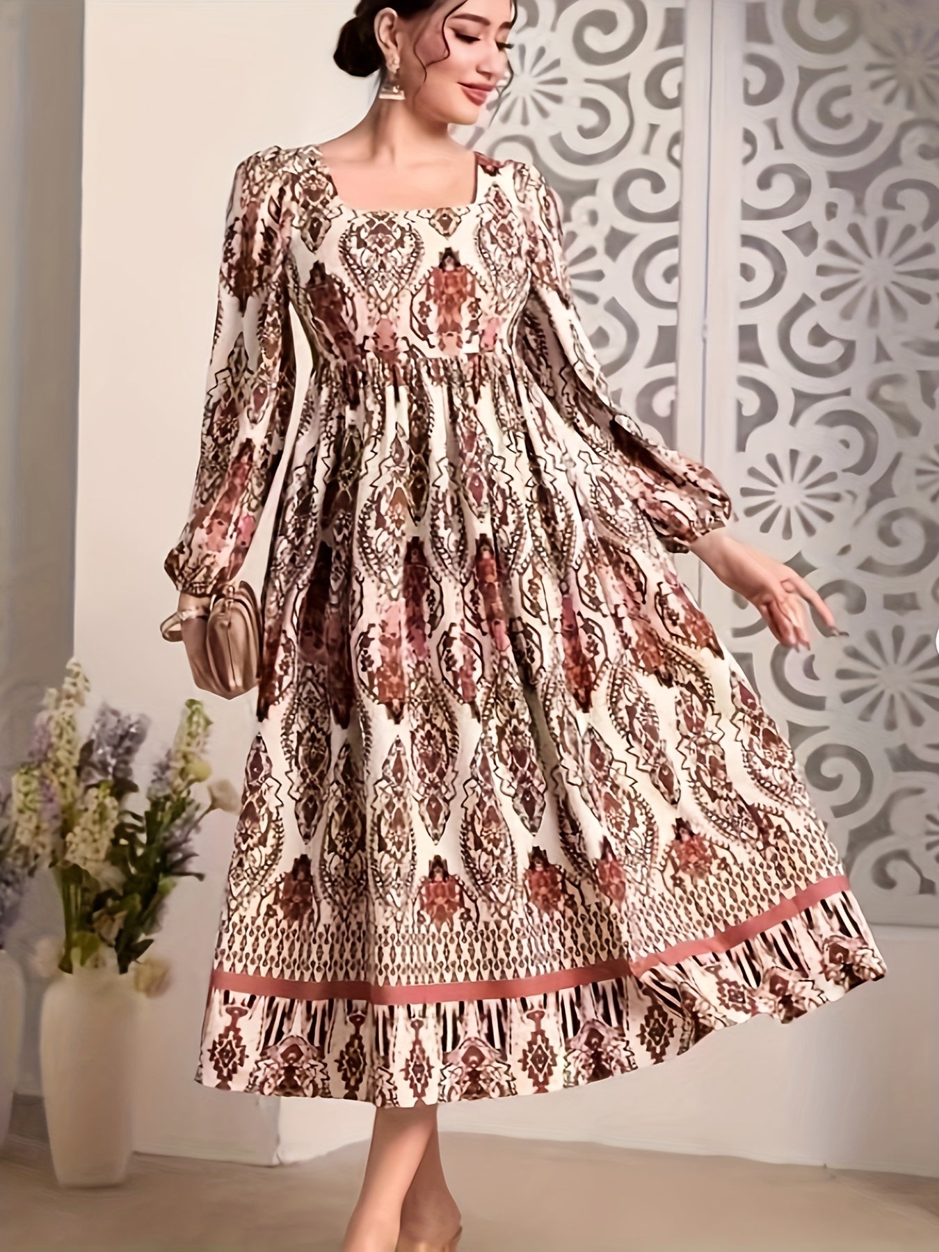  Women's Tribal Print Lantern Sleeve Dress