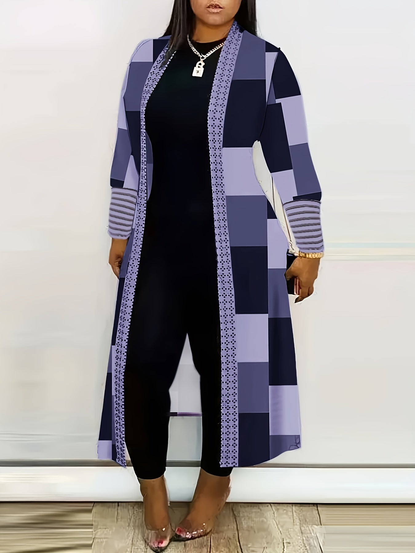  Colorblock Grid Print Open Front Cardigan