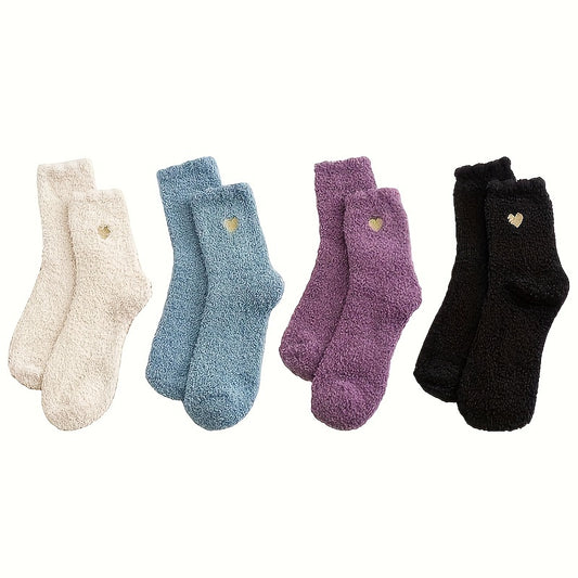 4 Pairs Heart Print Socks Comfy & Warm Fuzzy Stockings