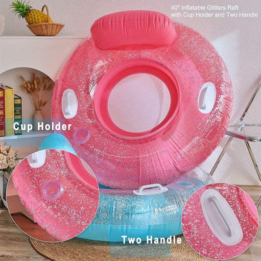 Inflatable Glitter Raft Pool Float with Cup Holder, Handles - 40 inches
