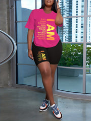  2pcs Set Women's Slogan Tee & Biker Shorts Outfits