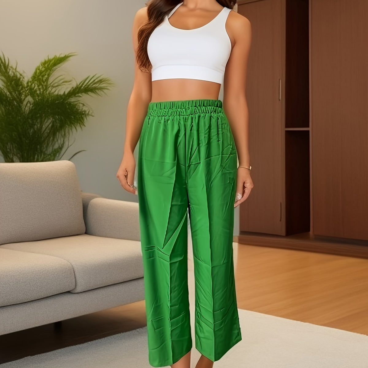 Solid Color Wide Leg Pants Elastic Waist Casual Versatile