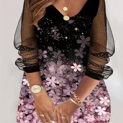  Women's Floral Print Long Sleeve V Neck Dress