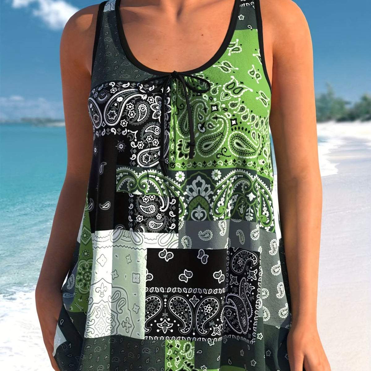  Paisley Print Tie Front Tankini Set
