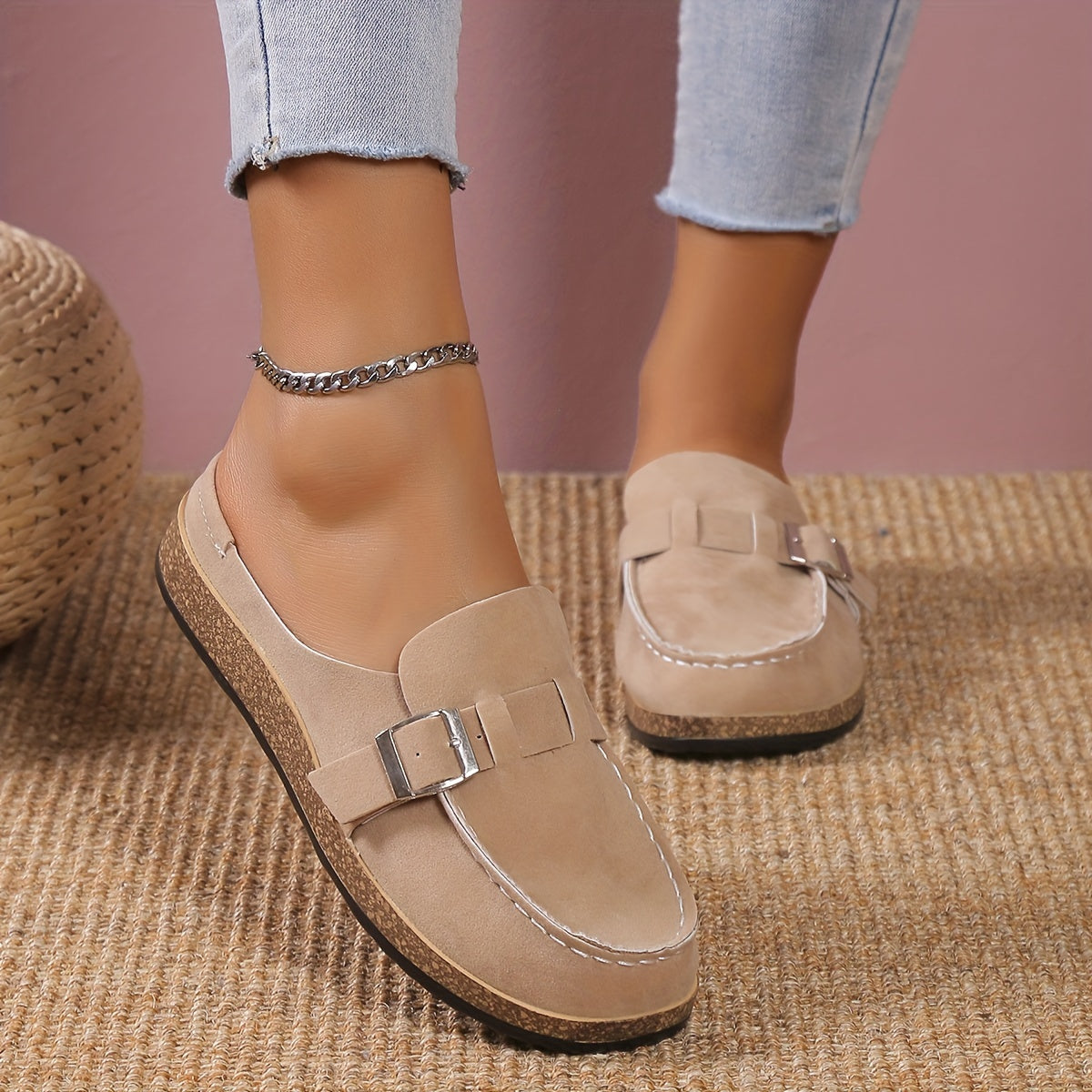 Suedette Flat Loafers Slip On Buckle Decor Half Drag Shoes