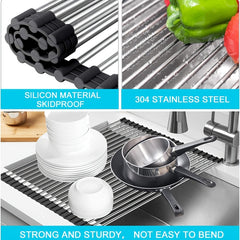 Stainless Steel Sink Drain Rack Over Sink Roll Up Large Dish Drainers Rack