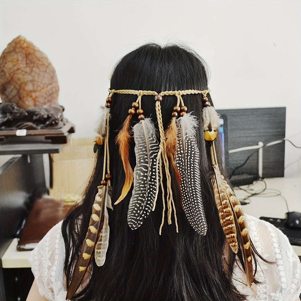 Boho Feather Hair Band Beaded Tassel Headdress