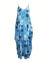 Plus Denim Print V Neck Loose Fit Maxi Dress