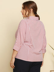  Striped Print Long Sleeve Shirt Women's Plus Button Front