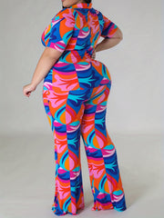  Tropical Print Blouse & Wide Leg Pants Set