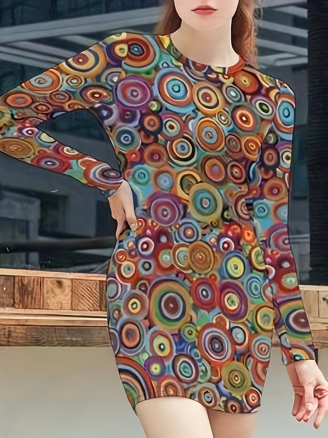 Women's Plus Allover Print Long Sleeve Round Neck Mini Slim Fit Dress