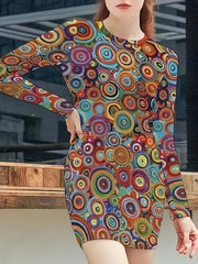 Women's Plus Allover Print Long Sleeve Round Neck Mini Slim Fit Dress