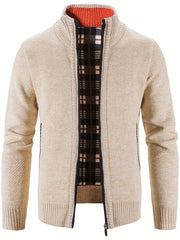 Men's Warm Stand Collar Fleece Jacket Semi-Formal Solid Zip Up Cardigan