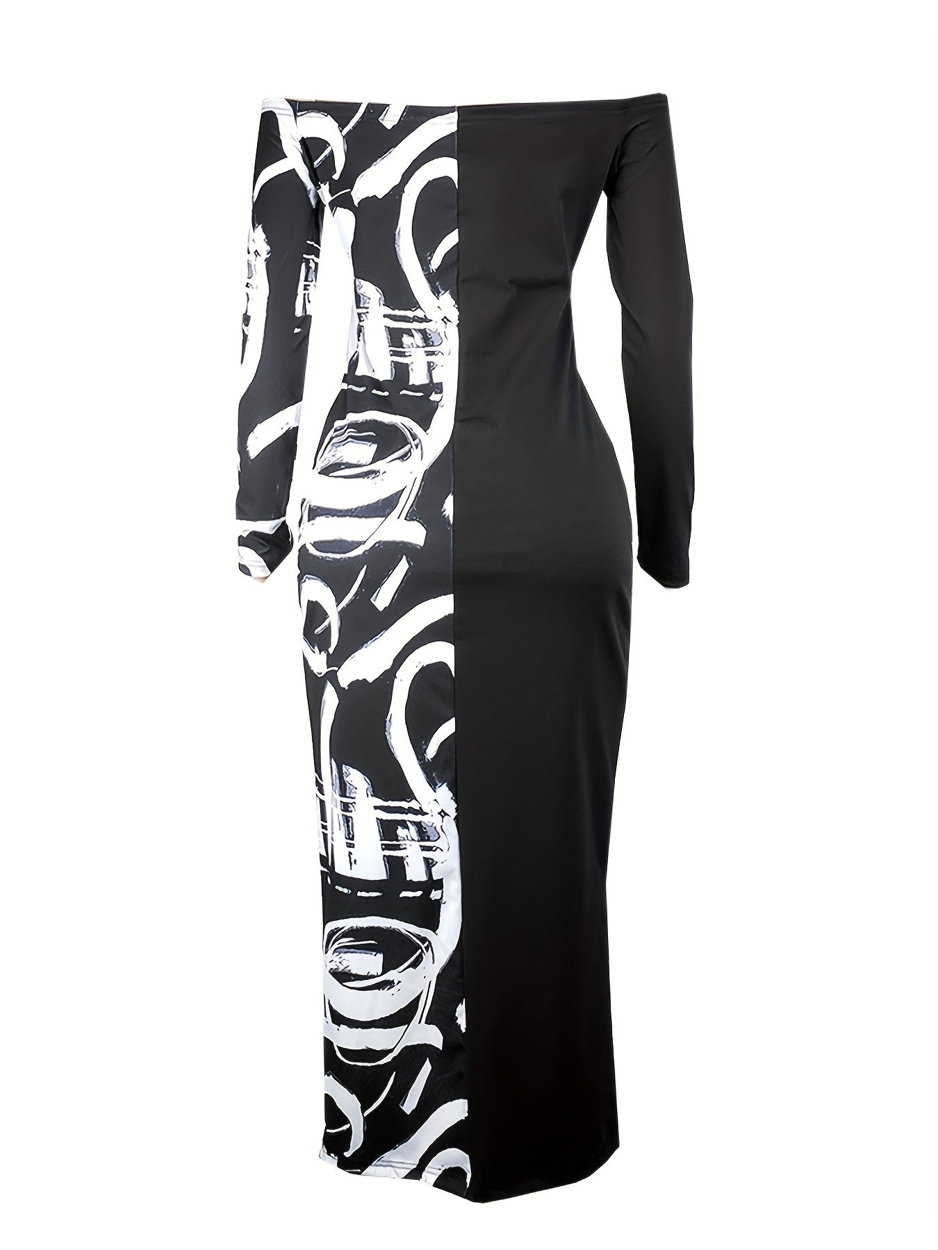 Colorblock Graffiti Print Off Shoulder Bodycon Midi Dress