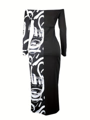  Colorblock Graffiti Print Off Shoulder Bodycon Midi Dress