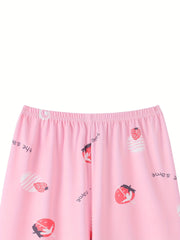  Women's Strawberry & Letter Print High Stretch Shorts