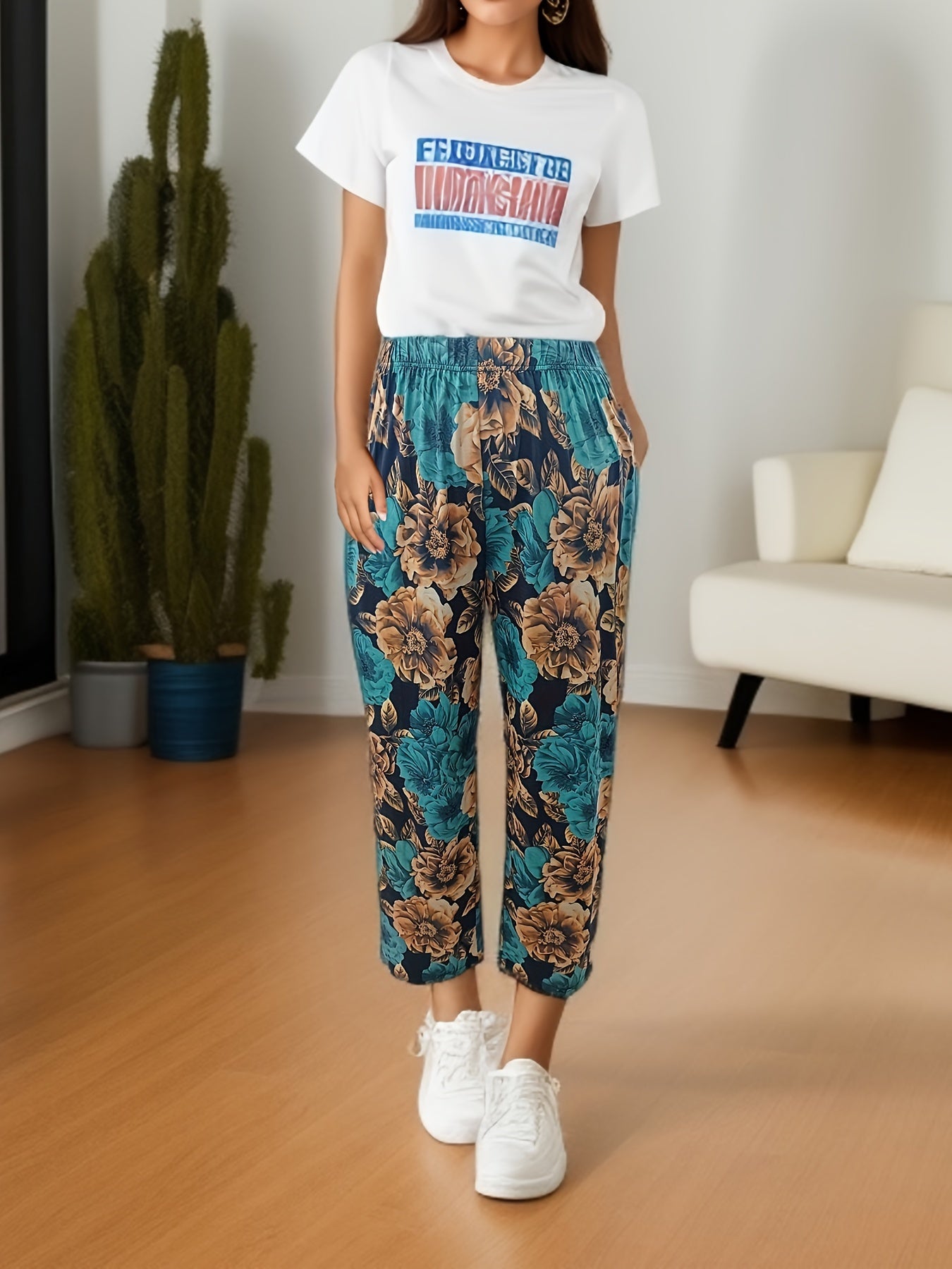  Floral Print High Rise Straight Leg Trousers