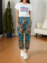  Floral Print High Rise Straight Leg Trousers