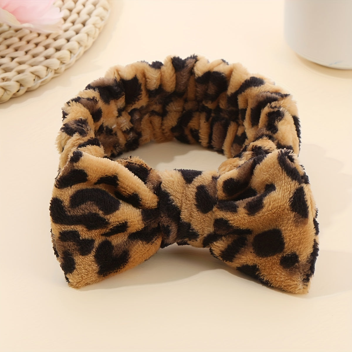Leopard Plush Bow Headband Stretchy Headdress for Women