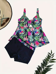  Boho Tankini Set Tropical Print V Neck Cami Top & Shorts