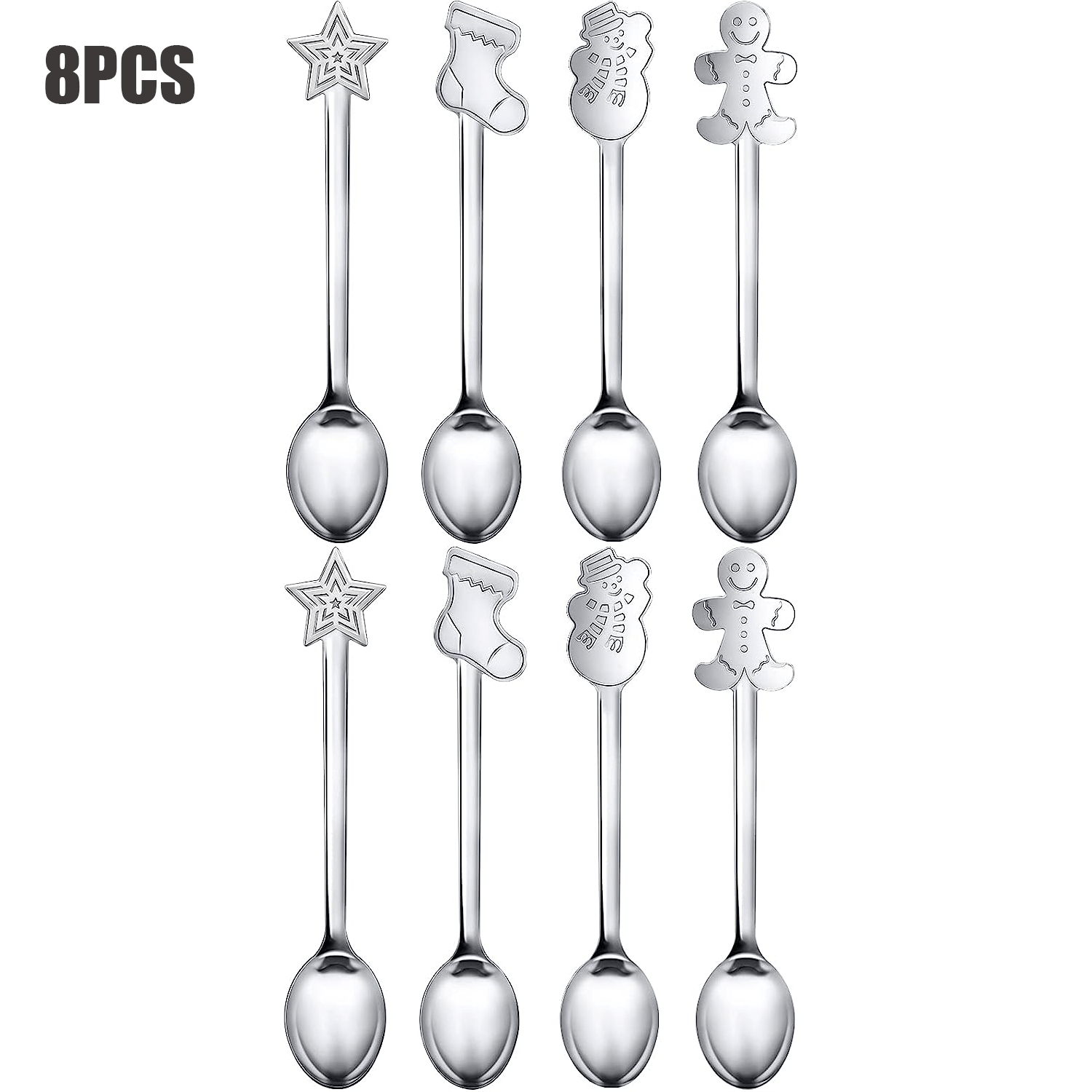 8pcs Christmas Spoon Set Stainless Steel for Drink Mixing Milkshake and Jam