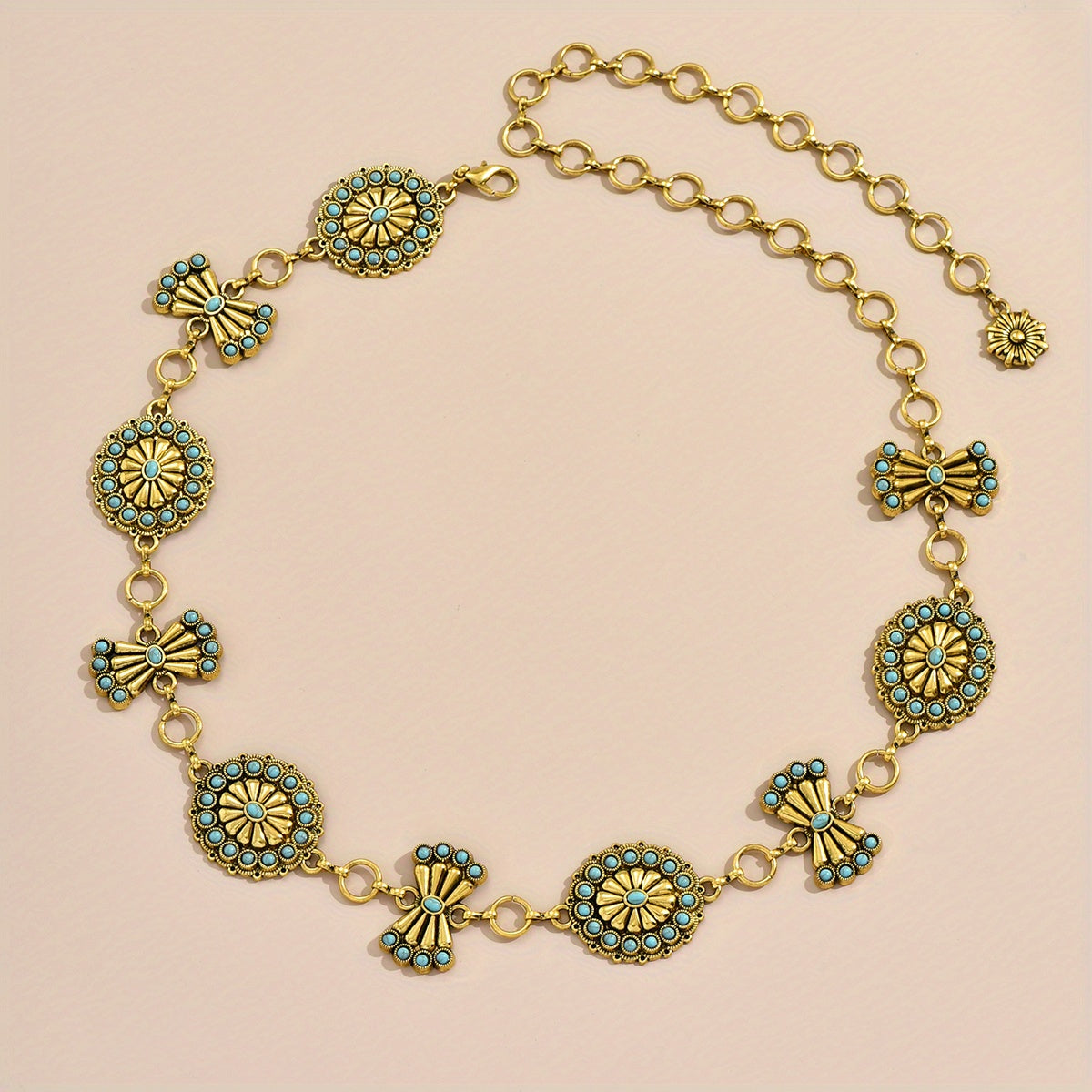 Turquoise Inlay Flower Metal Chain Vintage Bow Carved Belly Chain