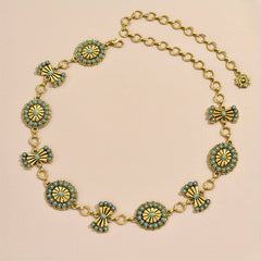 Turquoise Inlay Flower Metal Chain Vintage Bow Carved Belly Chain