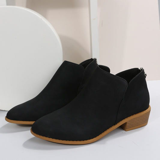 Chunky Heel Short Boots V cut Stacked Heel Back Zip Ankle Bootie