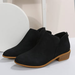 Chunky Heel Short Boots V cut Stacked Heel Back Zip Ankle Bootie