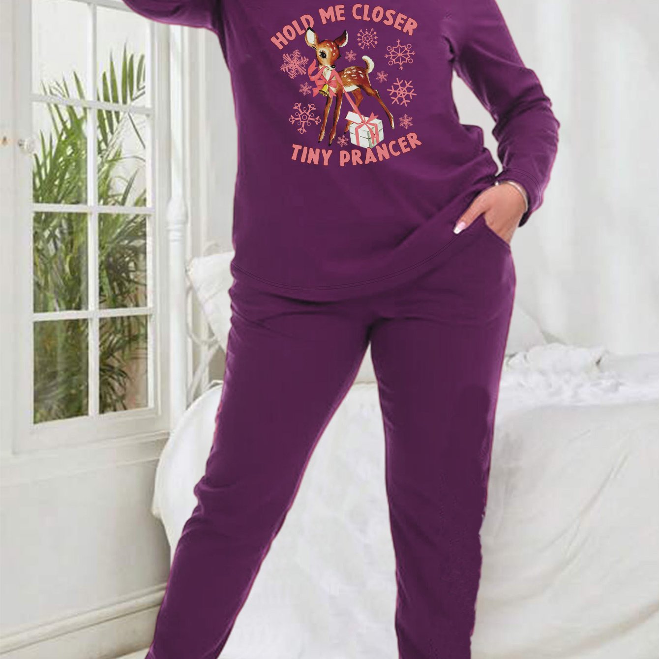  Christmas Pajamas Set Women's Plus Deer & Snowflake Print