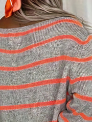 Striped Boat Neck Pullover Sweater Vintage Long Sleeve Pocket Loose Sweater