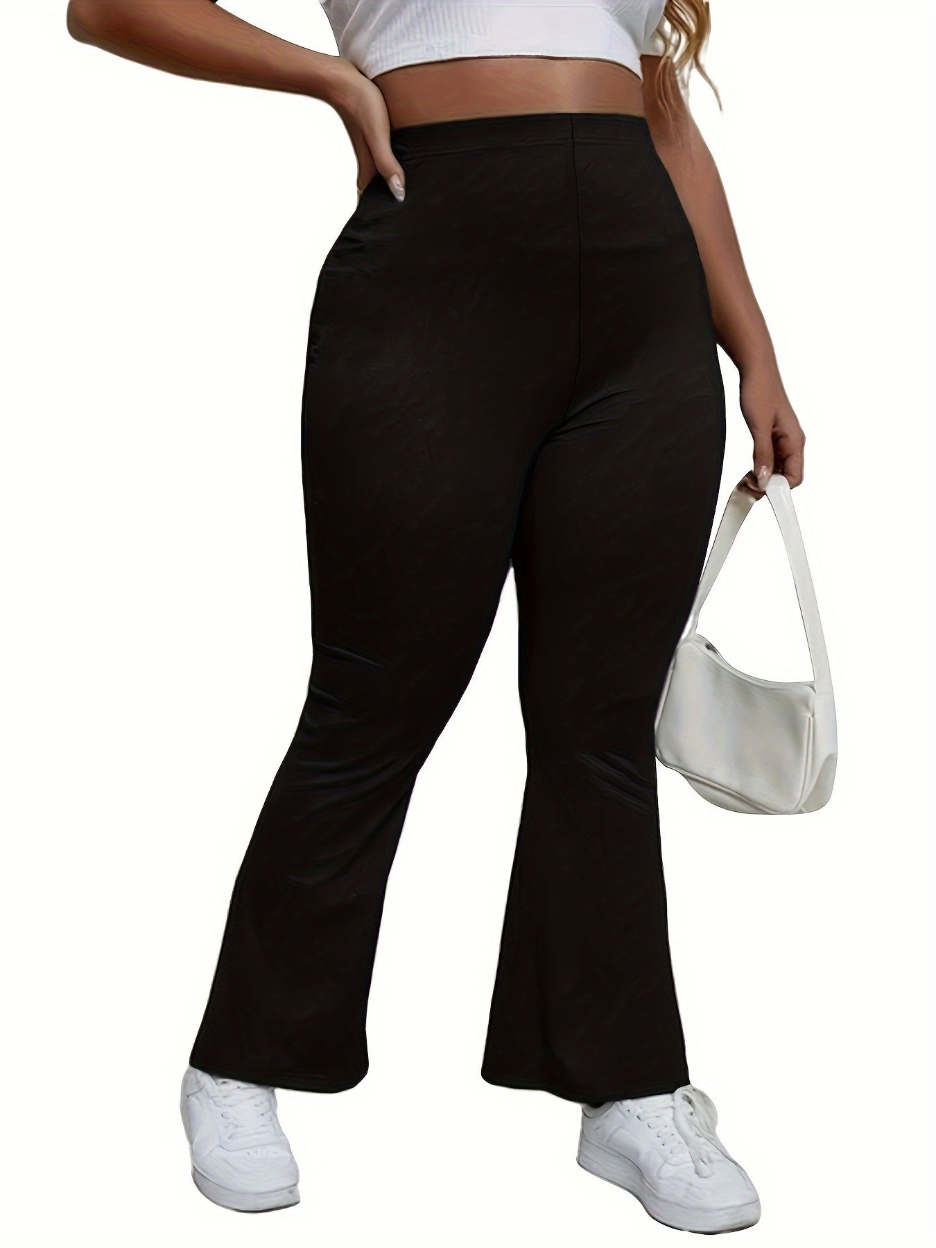  Pants Women's Plus Solid High Waist Flared Leg Medium Stretch Trousers