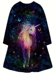 Girls 3D Unicorn & Butterfly Graphic Long Sleeve Dress