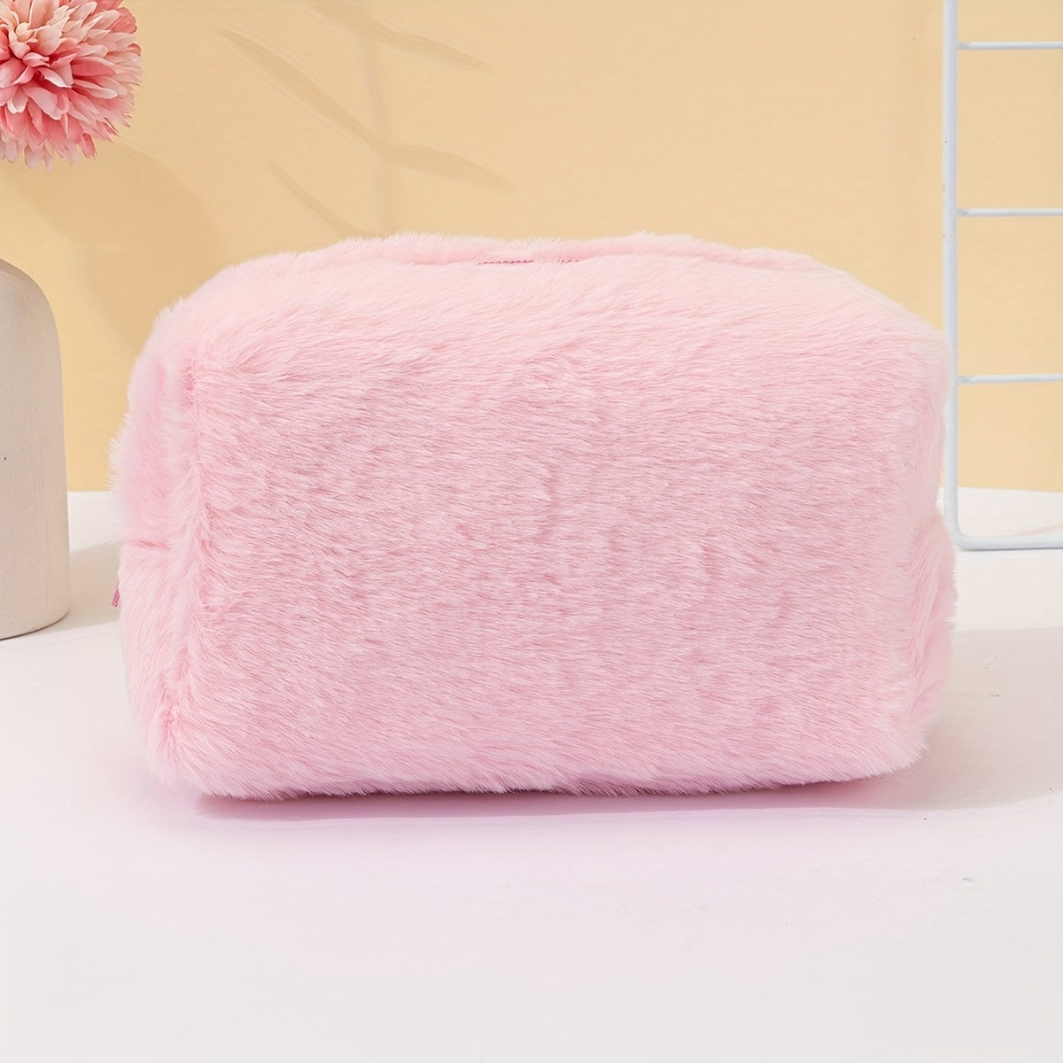 Pink Plush Cosmetic Bag Roomy Makeup Travel Portable Toiletry Organizer