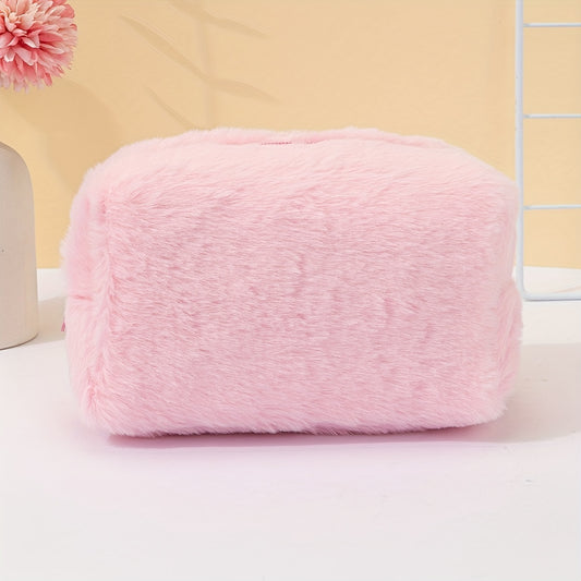 Pink Plush Cosmetic Bag Roomy Makeup Travel Portable Toiletry Organizer