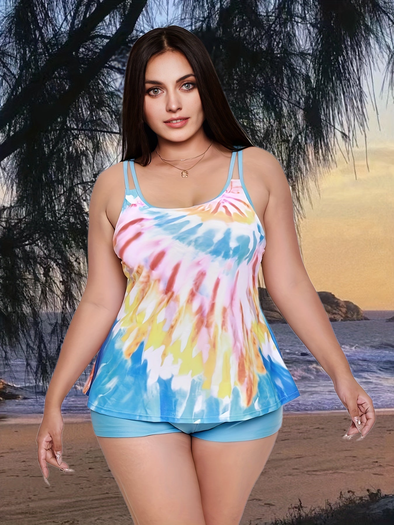  Colorful Tie Dye Split Strap Tankini Set