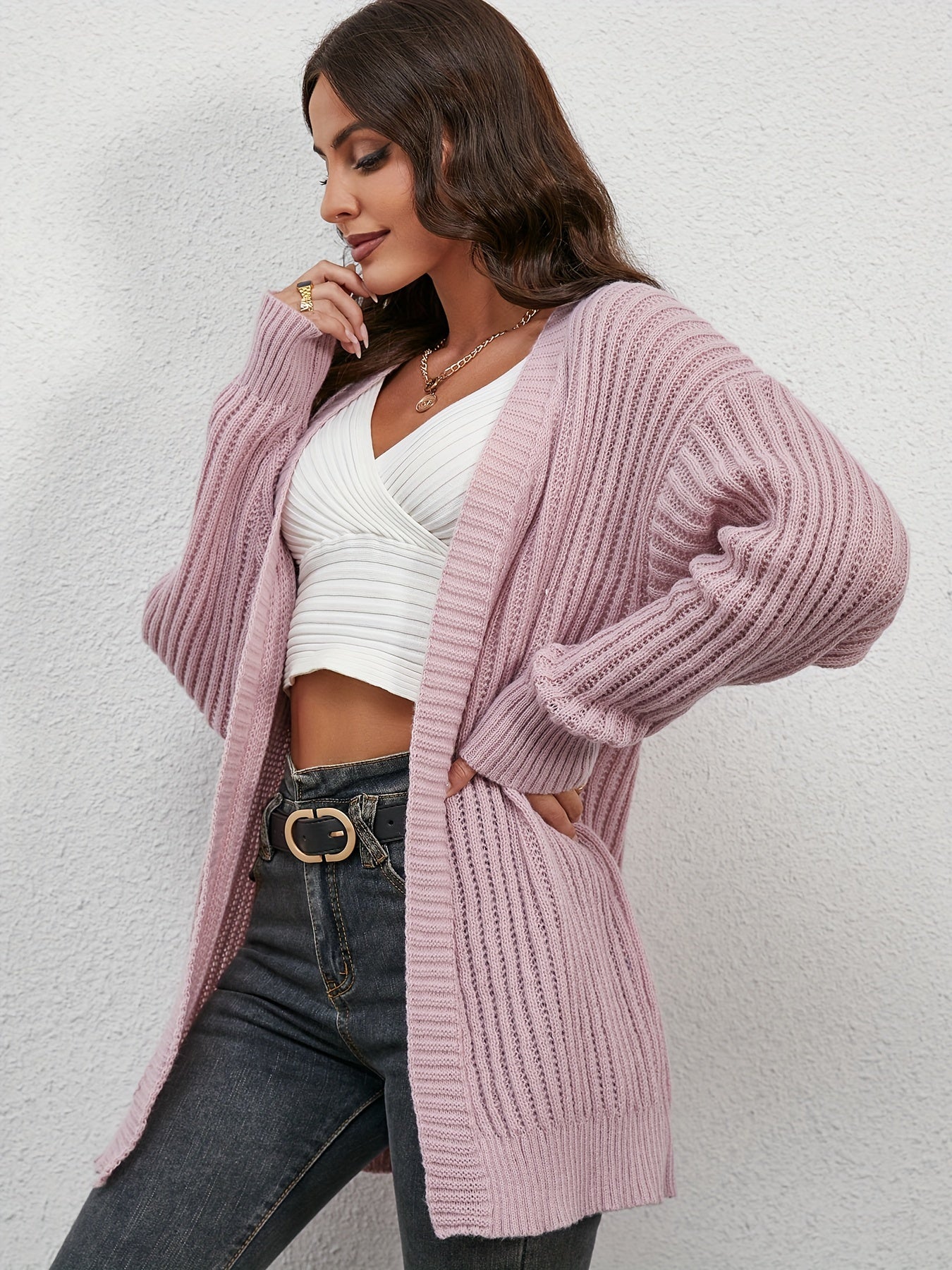  Ribbed Long Sleeve Open Front Knit Cardigan