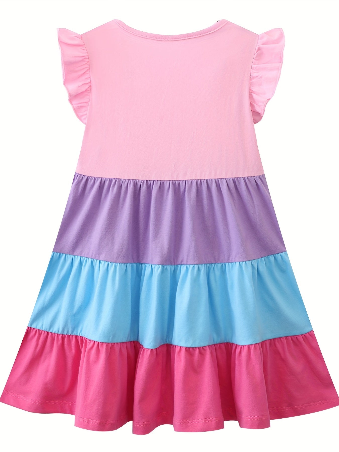 Girls Ruffled Sleeves Crew Neck Block Cotton Loose Dress