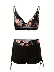 Floral Print Drawstring 2 Piece Bikini Swimsuit