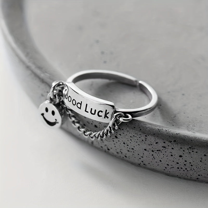 Happy Face & Chain Decor Good Luck Detail Silver Ring