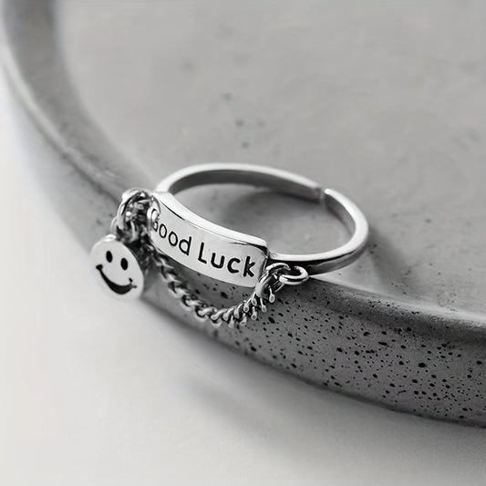 Happy Face & Chain Decor Good Luck Detail Silver Ring