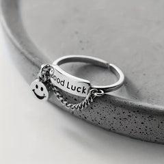 Happy Face & Chain Decor Good Luck Detail Silver Ring